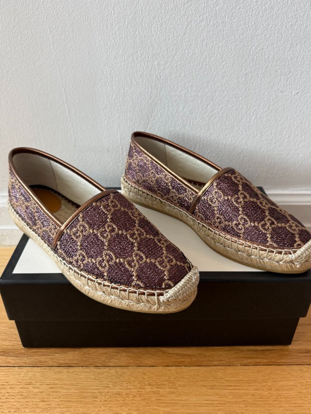 Gucci Heritage GG Lame'/Nappa Silk Brown Espadrilles Size 39